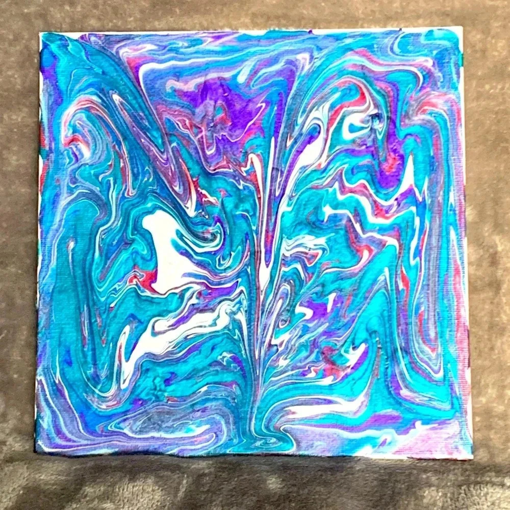 Original Paint Pour of wine, purple, teal and white on 8”x8” square canvas